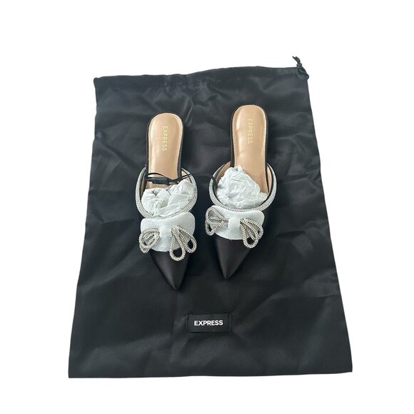 Express Women’s Black Mules Flat  with Bow Detail Size 6 New - Picture 1 of 14